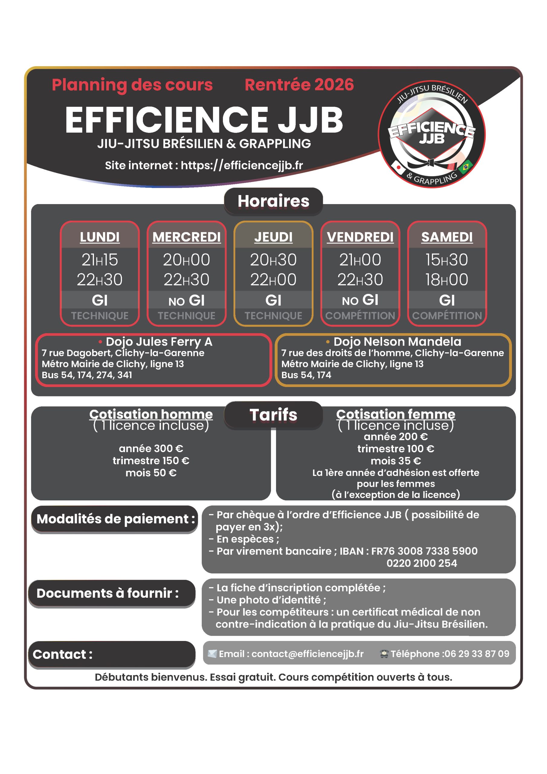 EFFICIENCE JJB PLAQUETTE HORAIRES DES COURS